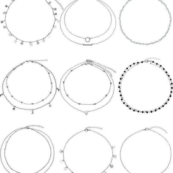 9 Pieces Women Girls Sliver Layered Chain Choker Necklace Layered Pendant Choker - Picture 1 of 8